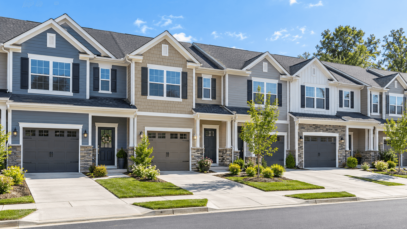 Row of attached townhome exteriors with driveways