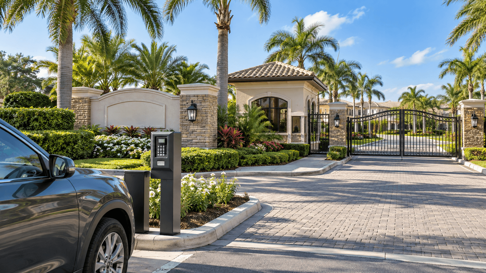 Gated community entrance with controlled access