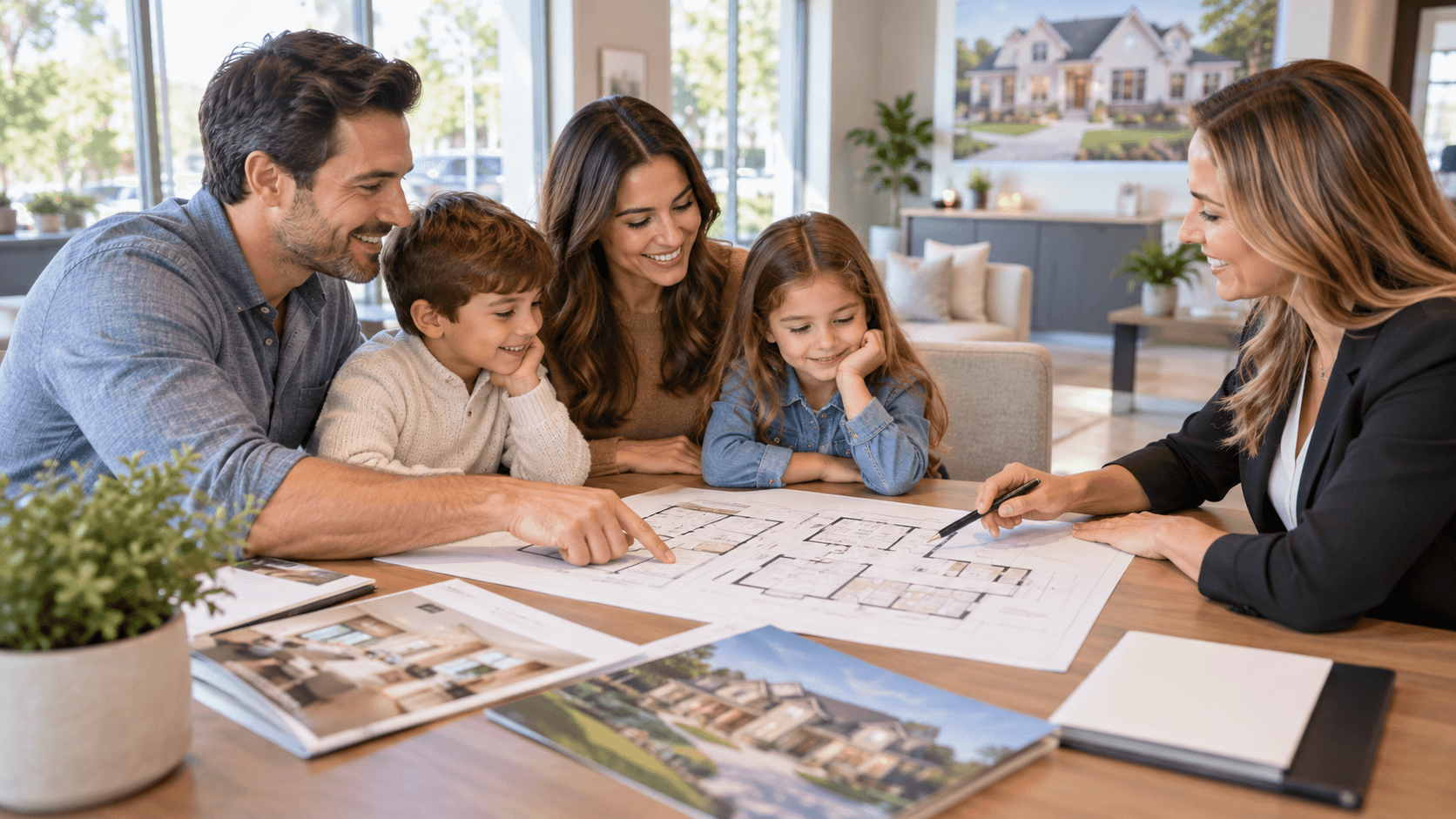 Family looking at floor plans at a new home sales center