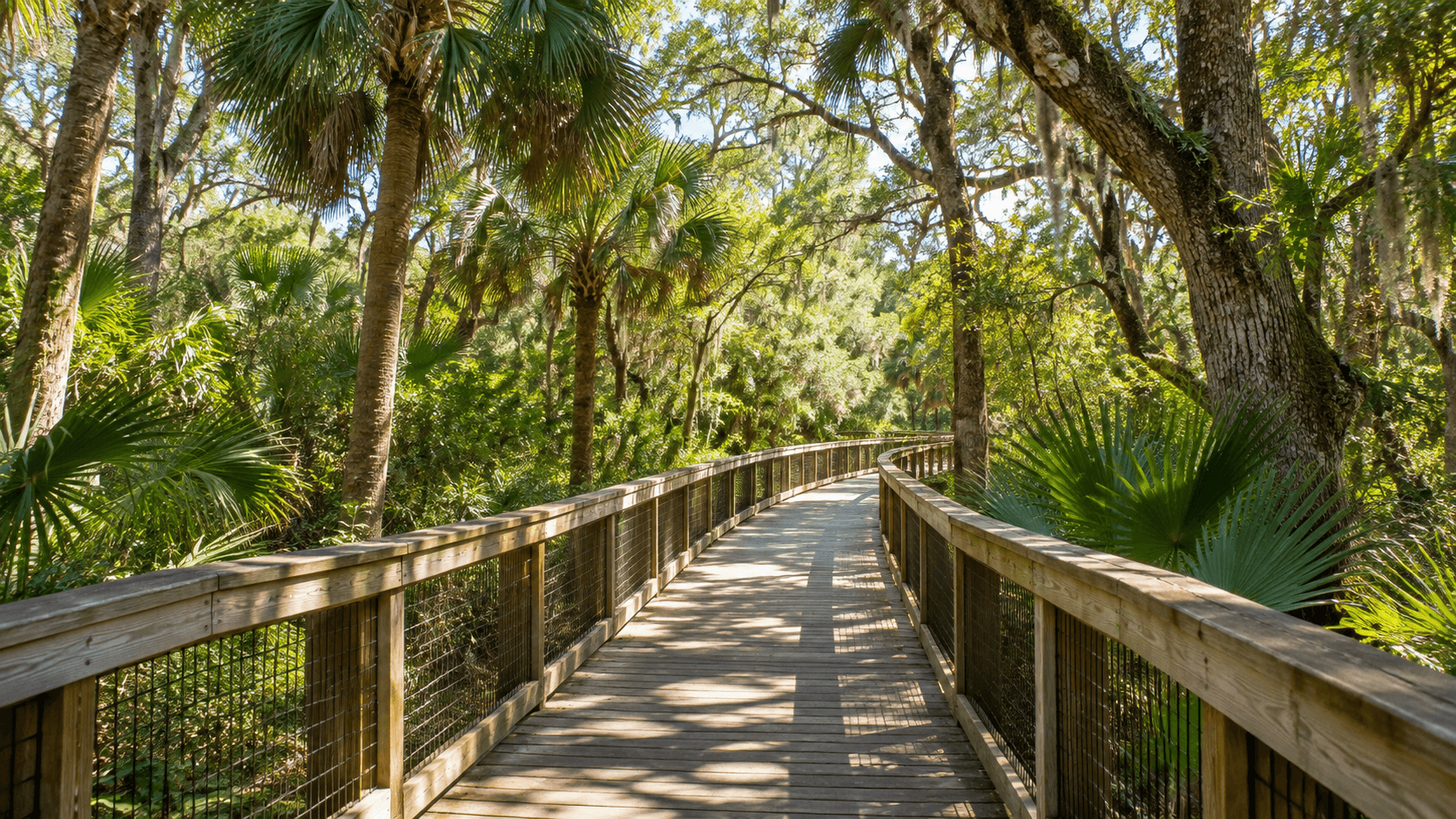 Wooden boardwalk trail through a shaded Florida park