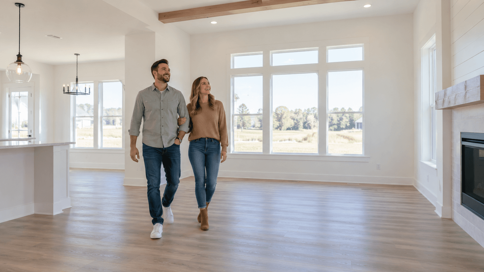 Couple walking through an unfurnished new construction living room