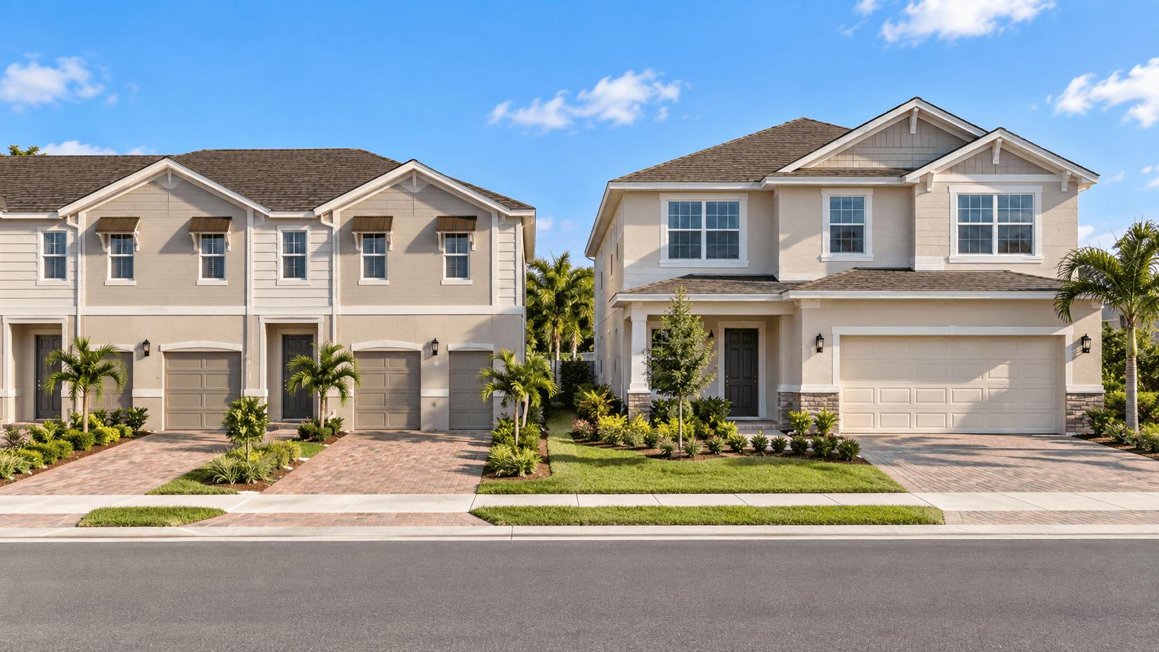 Townhome and single-family home exteriors side by side at Blossom Trail