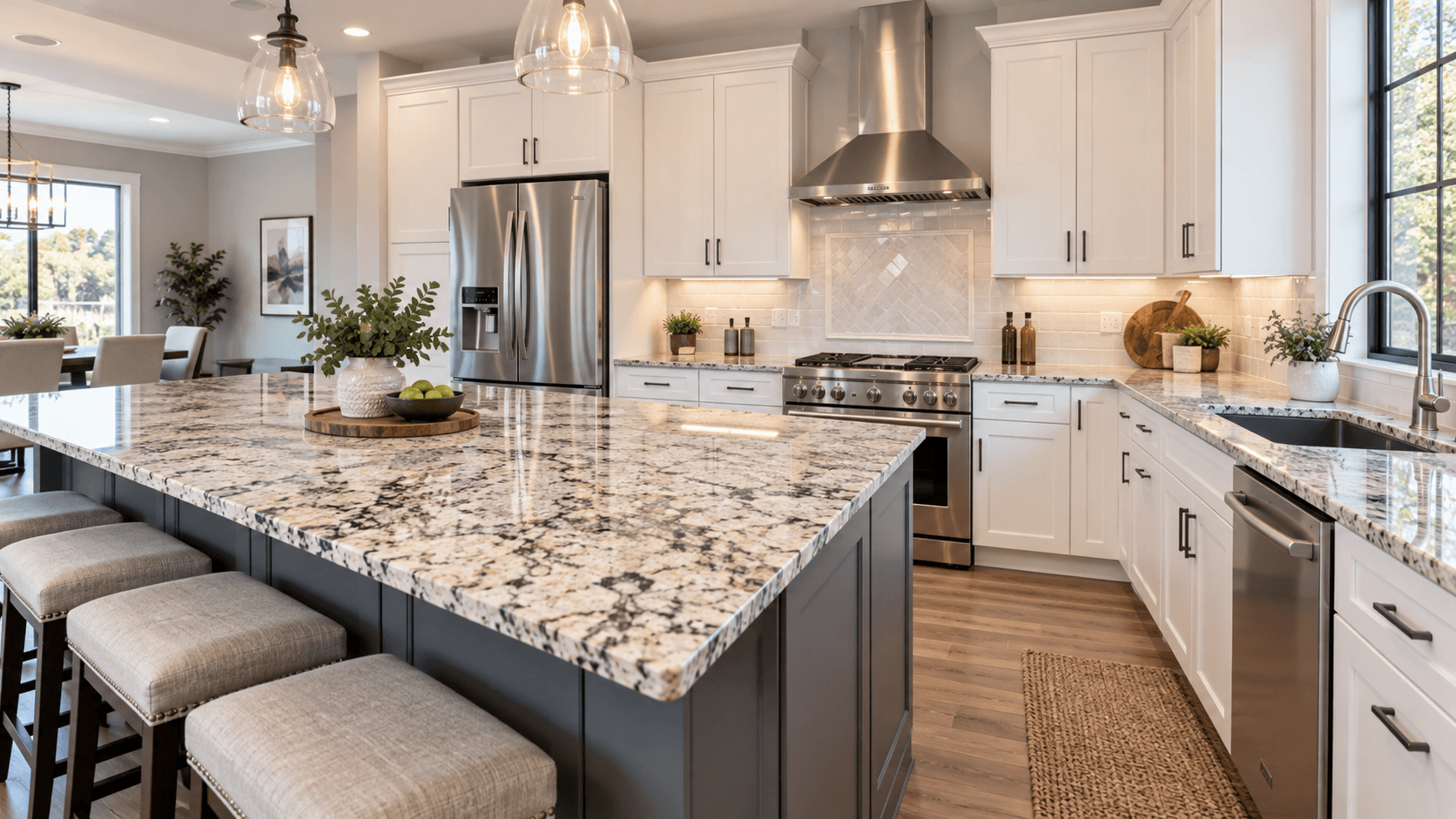 Granite kitchen island with stainless steel appliances